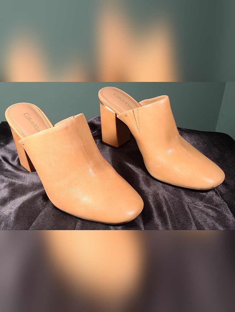 Calvin Klein Camel Leather Block Heel Mules